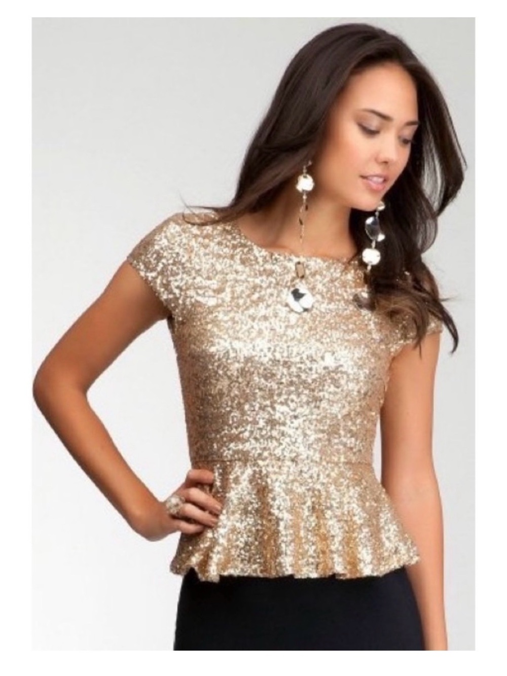 Bebe gold sequin XS low back peplum top shirt blouse